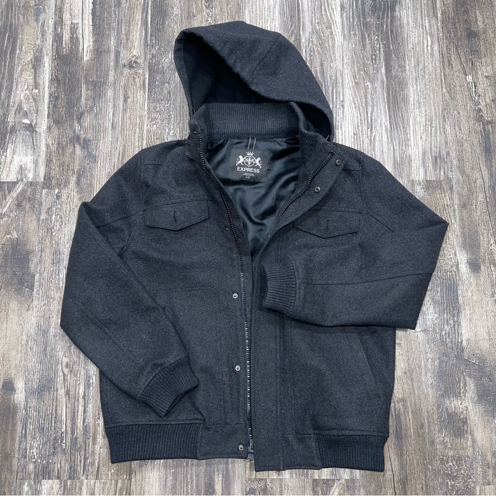 Express men’s military wool jacket with hood size Large - Picture 2 of 12